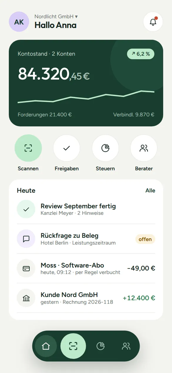 Klarbuch App Übersicht mit Kontostand und Aufgaben für heute